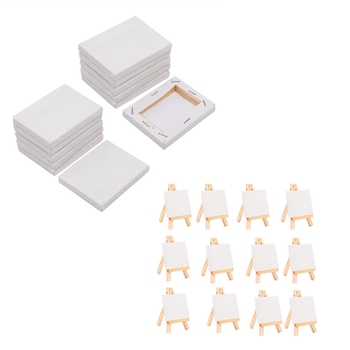 25 Set Easel: 24 Set Artists 5 Inch Mini Easel +3 Inch X3 Inch Mini Canvas Set & 1 Set 24 Pcs Mini Stretched Artists Small Art B